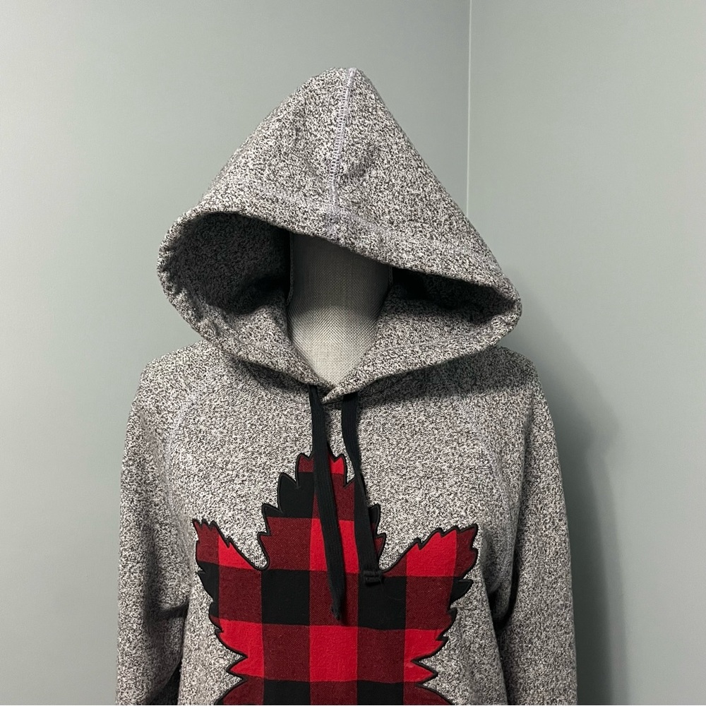 ROOTS men’s maple leaf pullover hoodie sweatshirt size XS grey red Buffalo plaid - Picture 6 of 14